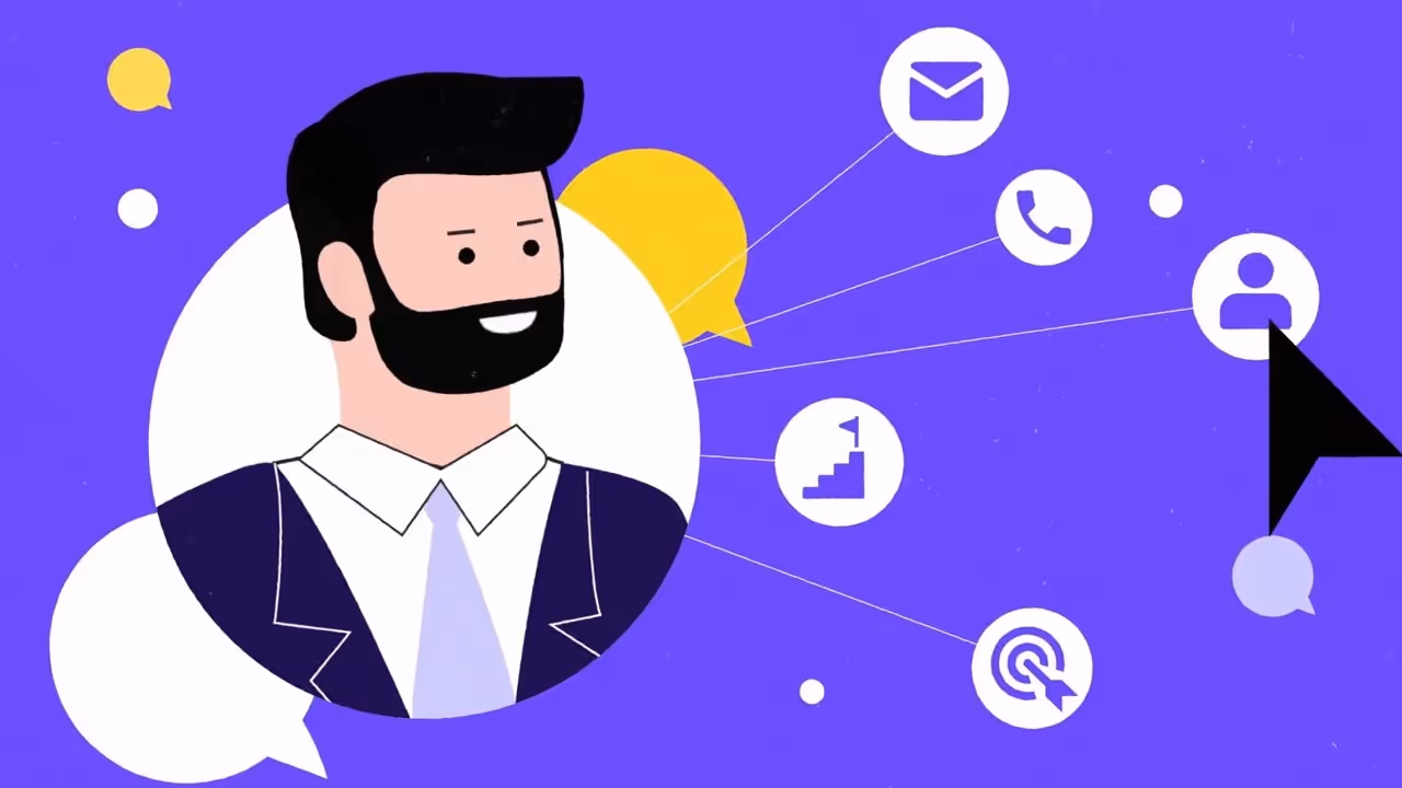 Illustration of a smiling man with a beard in a suit surrounded by icons representing email, phone, user profile, progress staircase, and target, with a large cursor pointing at the user profile icon on a purple background.
