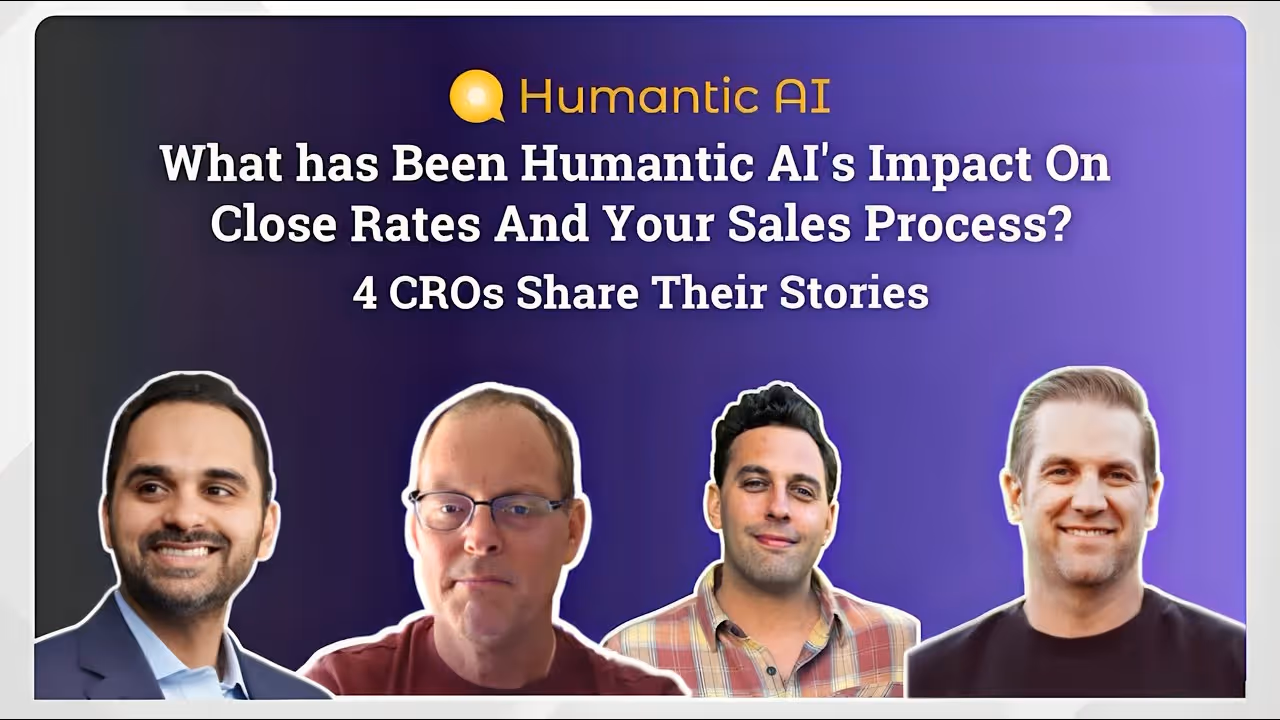 Banner for Humantic AI featuring four smiling men and text about Humantic AI's impact on close rates and sales processes with four CROs sharing their stories.