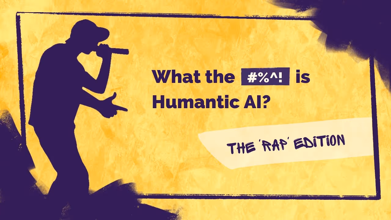 Silhouette of a rapper holding a microphone with text asking, 'What the #%^! is Humantic AI? The 'Rap' Edition' on a yellow textured background.