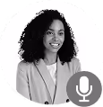 Smiling woman with curly hair wearing a light blazer and white top, with a microphone icon overlay.