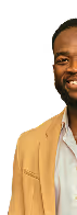 Smiling man wearing a brown jacket and white shirt against a transparent background.
